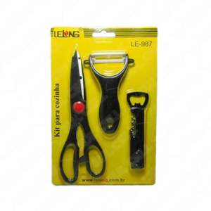 Kit com 3 Pçs para Cozinha (LE-987) Tesoura, Descascador de legumes, Abridor de garrafa e de vinho